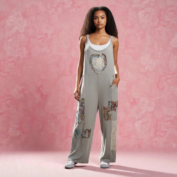 POL RIB KNIT PATCHED HAREM LEG JUMPSUIT